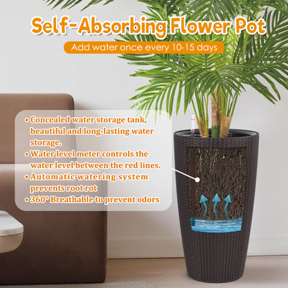 Set of 2 Faux Rattan Tall Planters Outdoor Indoor Large Planters with Water Level Monitor Inner Bucket, Automatic Watering, Flower Plant Pots for Garden, Patio, Porch, Backyard (Brown, 22 inch) image 3