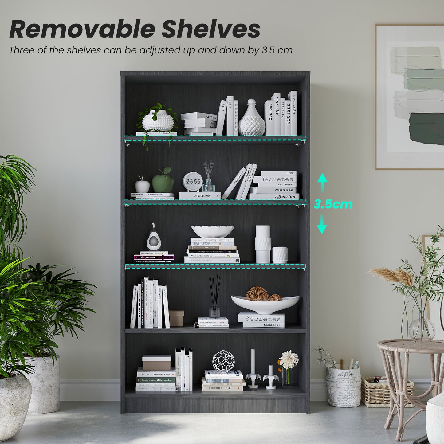 5 Shelf Bookcase 60 inch Tall Wood Bookshelf for Bedroom image 3