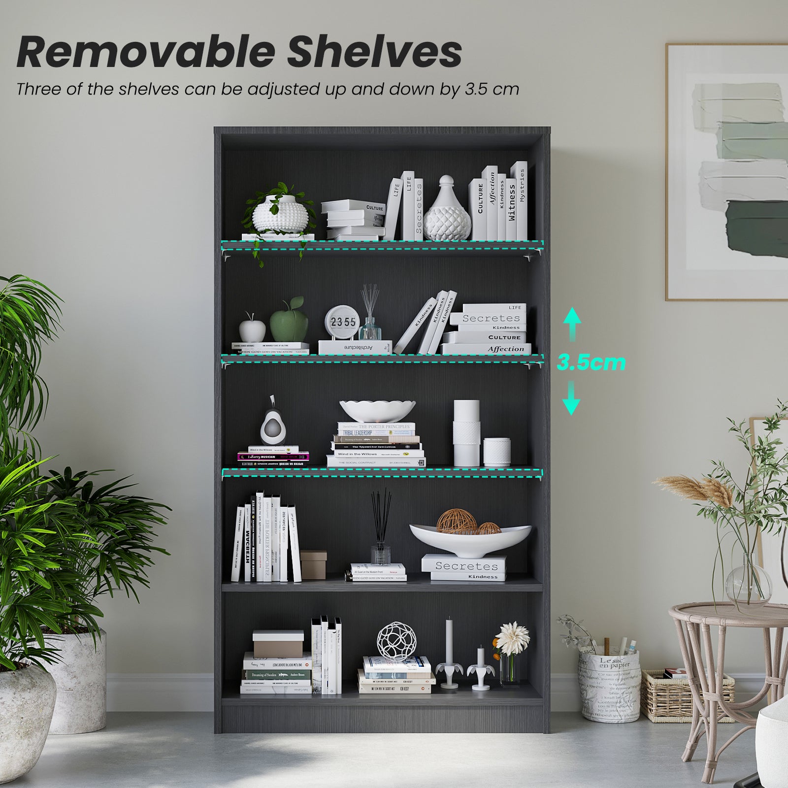 5 Shelf Bookcase 60 inch Tall Wood Bookshelf for Bedroom image 3