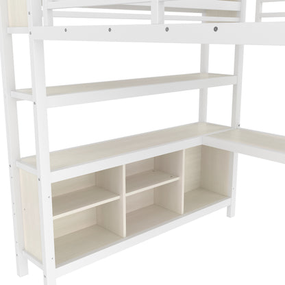 Metal Loft Bed with Wardrobe And L-shaped Desk, Queen Size Loft Bed with Storage Cubes and Shelves, Heavy Duty Loft Bed for Kids Teens Adults, White Wood-grain image 7