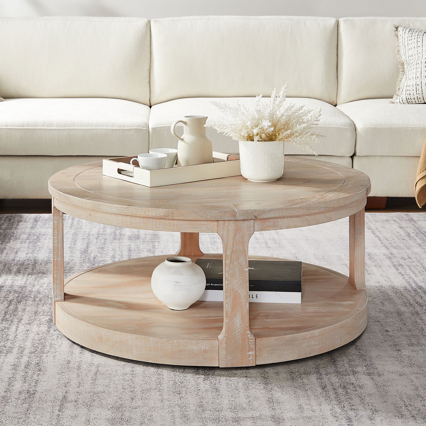 40inch Large Curved 2 Tier Traditional Round Circle Wooden Center Coffee Table,Rounded Table with Wheels,Mid Century Rustic Style Table for living Room,Office,Apartment,OAK image 1