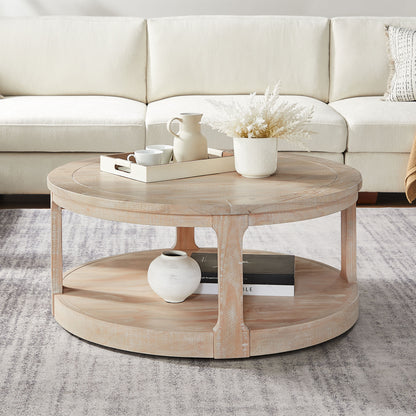 40inch Large Curved 2 Tier Traditional Round Circle Wooden Center Coffee Table,Rounded Table with Wheels,Mid Century Rustic Style Table for living Room,Office,Apartment,OAK image 1