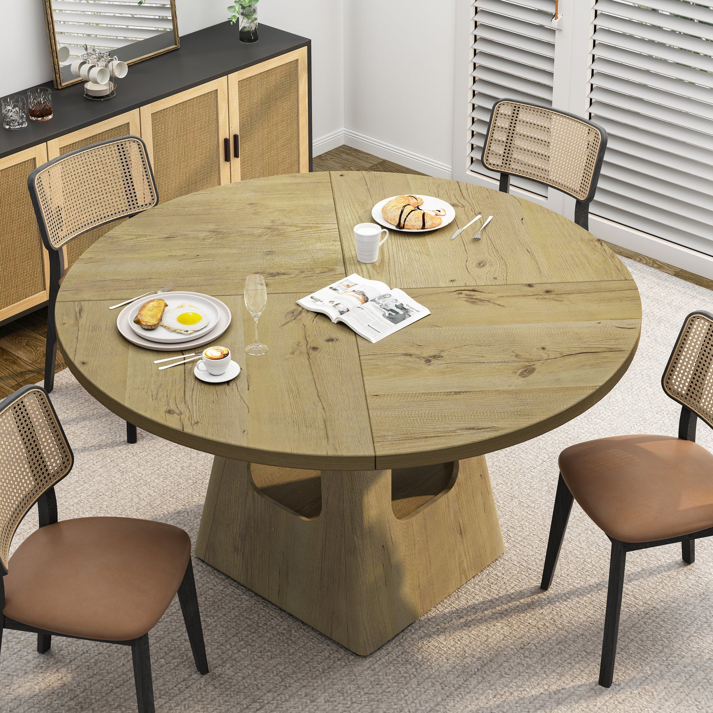 Round Dining Table for 4-6,47 Inch Round Dinner Table with Wooden Tabletop and Storage Base,Farmhouse Dining Table,Wood Kitchen Table for Dining Room,Kitchen, Living Room,Natural(Table Only) image 6