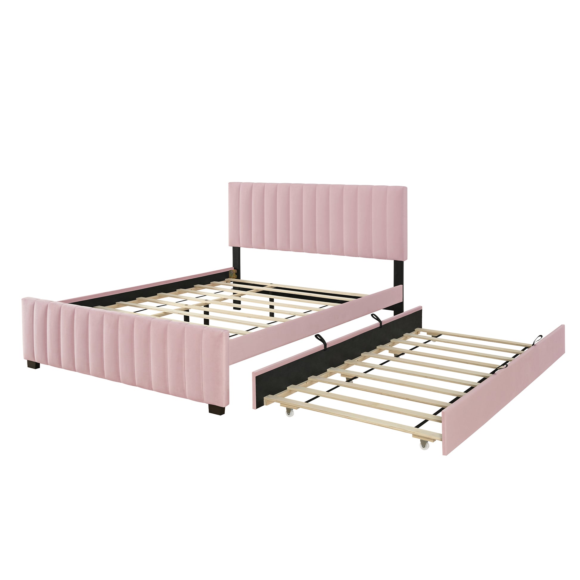 Queen Size Velvet Upholstered Platform Bed with Twin XL Size Trundle, Pink image 9