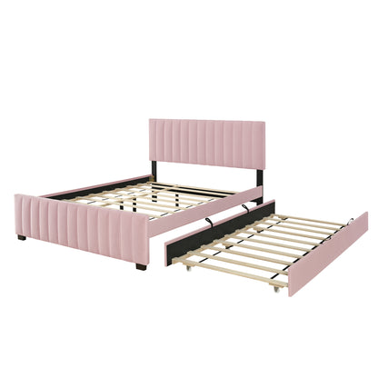 Queen Size Velvet Upholstered Platform Bed with Twin XL Size Trundle, Pink image 9