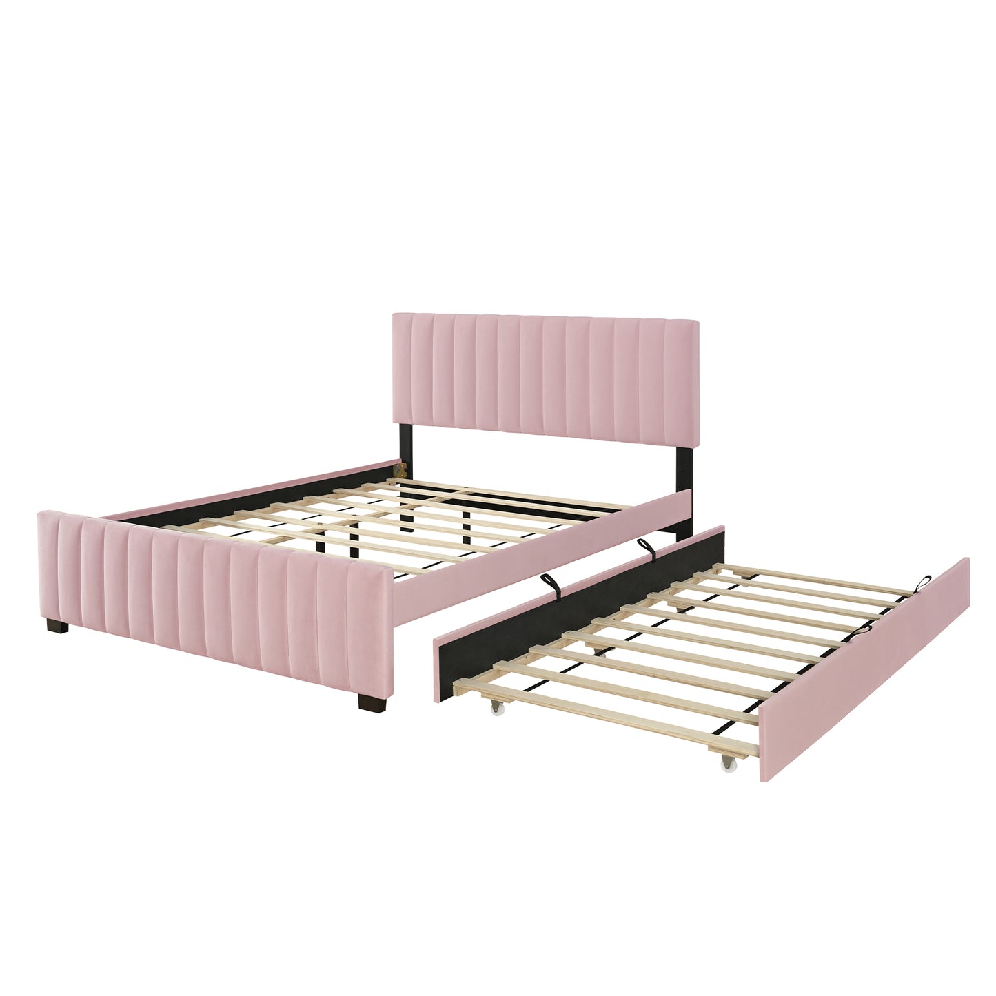 Queen Size Velvet Upholstered Platform Bed with Twin XL Size Trundle, Pink image 9