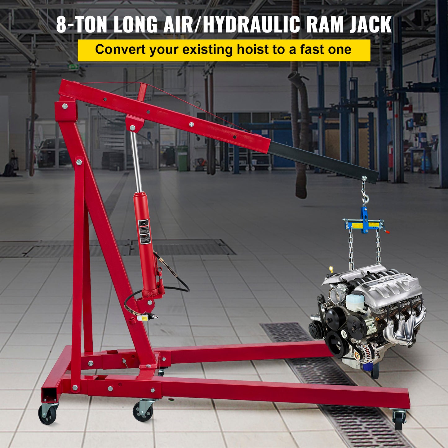 Hydraulic/Pneumatic Long Ram Jack, 8 Tons/17363 lbs Capacity, with Single Piston Pump and Clevis Base, Manual Cherry Picker w/Handle, for Garage/Shop Cranes, Engine Lift Hoist, Red image 3