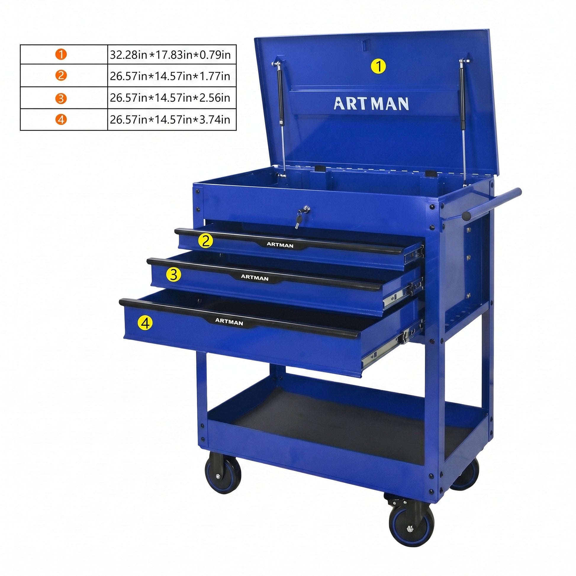 3 DRAWERS MULTIFUNCTIONAL TOOL CART WITH WHEELS AND STEEL TOP-Blue&Black image 4