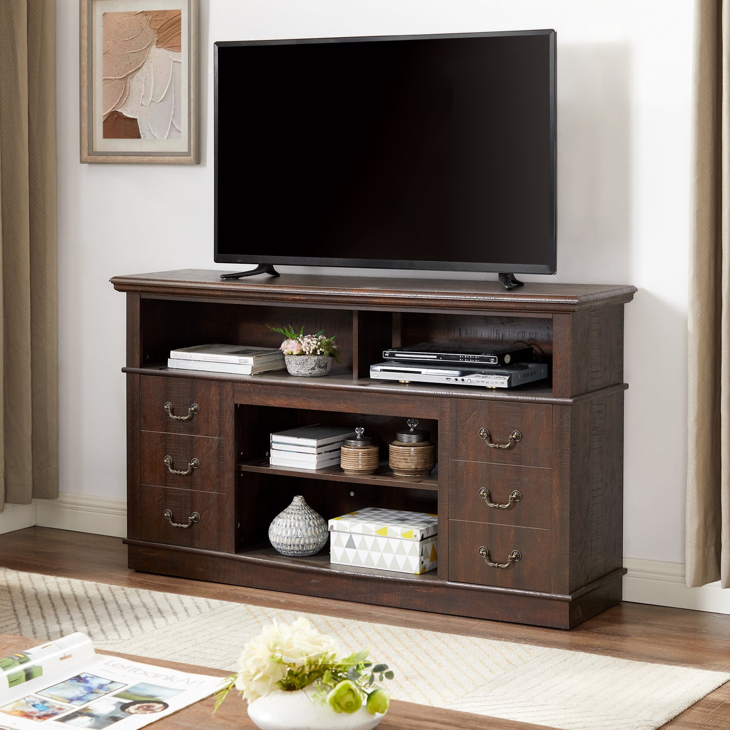 Retro TV Stand with Storage for TVs up to 65'', Mid Century Modern TV Stand & Entertainment Center with Shelf,TV Stand for Media,TV Console Table for Living Room Espresso 60"W*15.75"D*34.25"H image 2