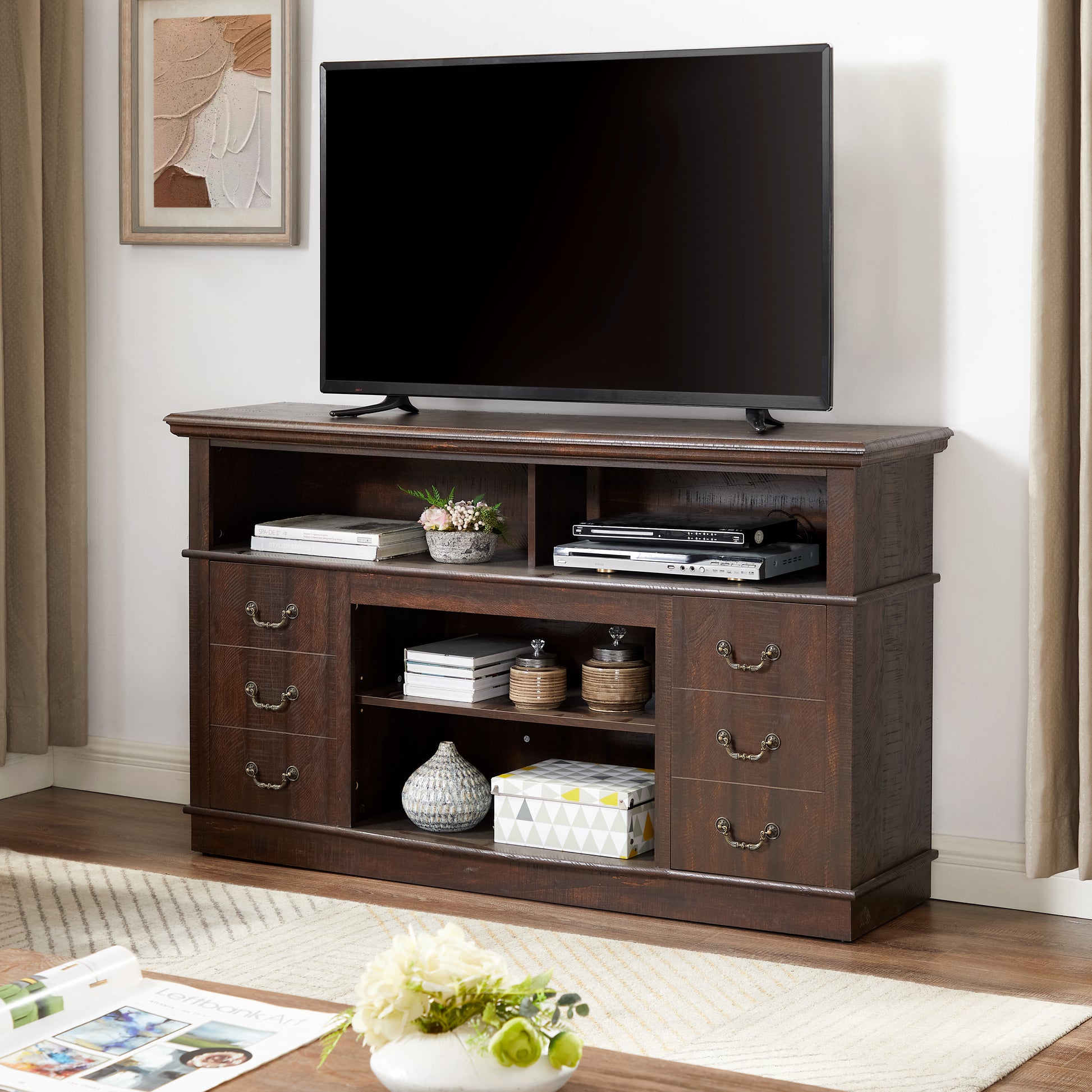 Retro TV Stand with Storage for TVs up to 65'', Mid Century Modern TV Stand & Entertainment Center with Shelf,TV Stand for Media,TV Console Table for Living Room Espresso 60"W*15.75"D*34.25"H image 2