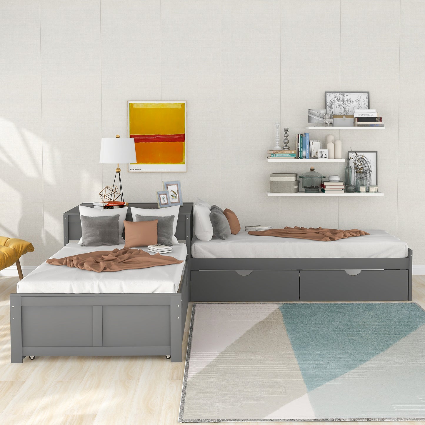 L-shaped Platform Bed with Trundle and Drawers Linked with built-in Desk,Twin,Gray(Old SKU:SM000916AAE-1) image 3