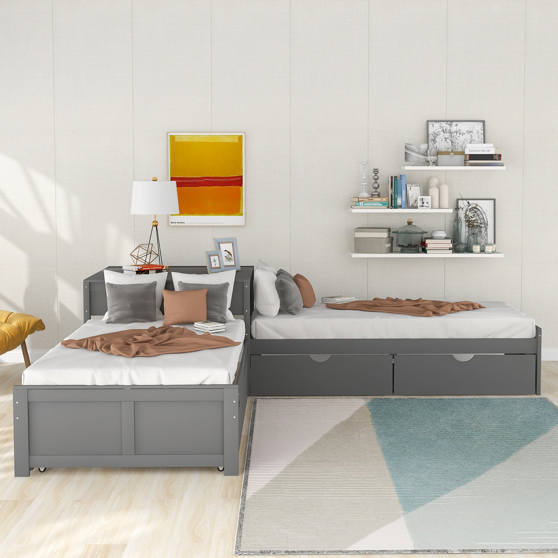 L-shaped Platform Bed with Trundle and Drawers Linked with built-in Desk,Twin,Gray(Old SKU:SM000916AAE-1) image 3