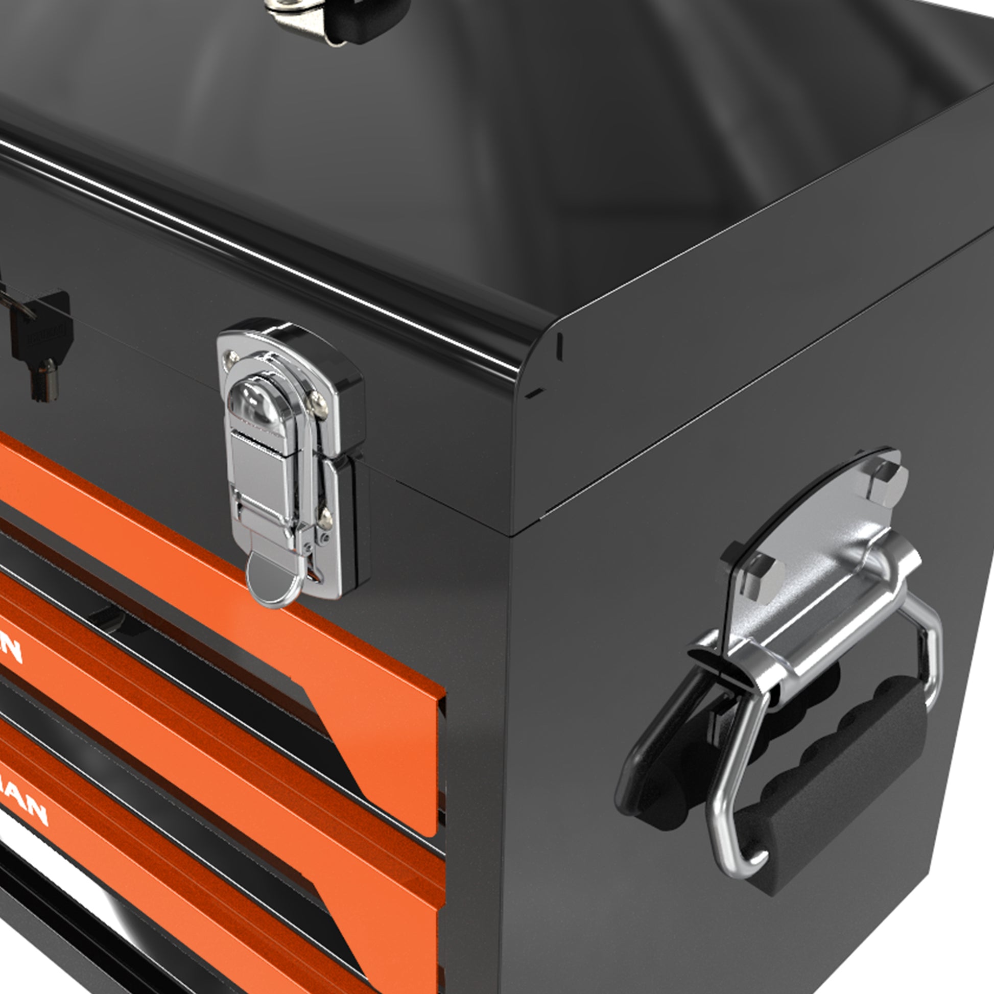 20'' Portable 3-Drawer Steel Toolbox, 4 Layers of Tools with Metal Latches, with Top Storage Tray and carrying Handle, Multi-Function Tool Storage for Garage, Home, or Workbench,Black&Orange image 5