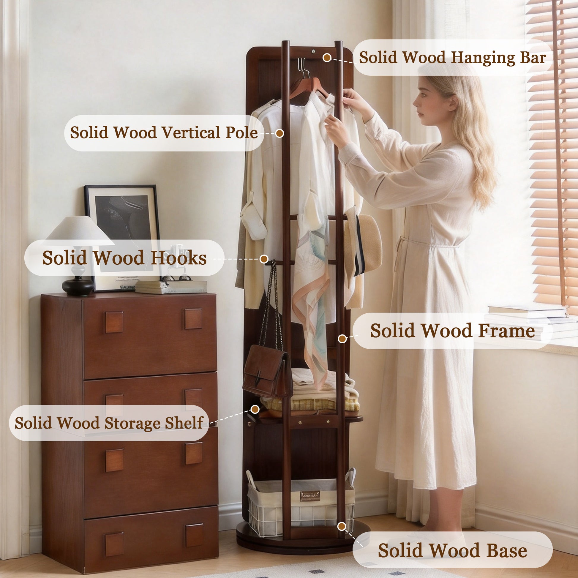 Rotating Full Length Mirror with Clothes Rack, Freestanding Solid Wood Storage Mirror for Bedroom Living Room image 5
