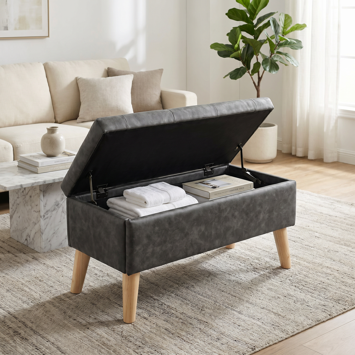 32" Wide Storage Ottoman Bench with Built-in Tray, Square Storage Ottoman for Extra Storage, Upholstered Footrest and End of Bed Bench, Perfect for Living Room, Bedroom, Sitting, Relaxing, Modern Stit image 3
