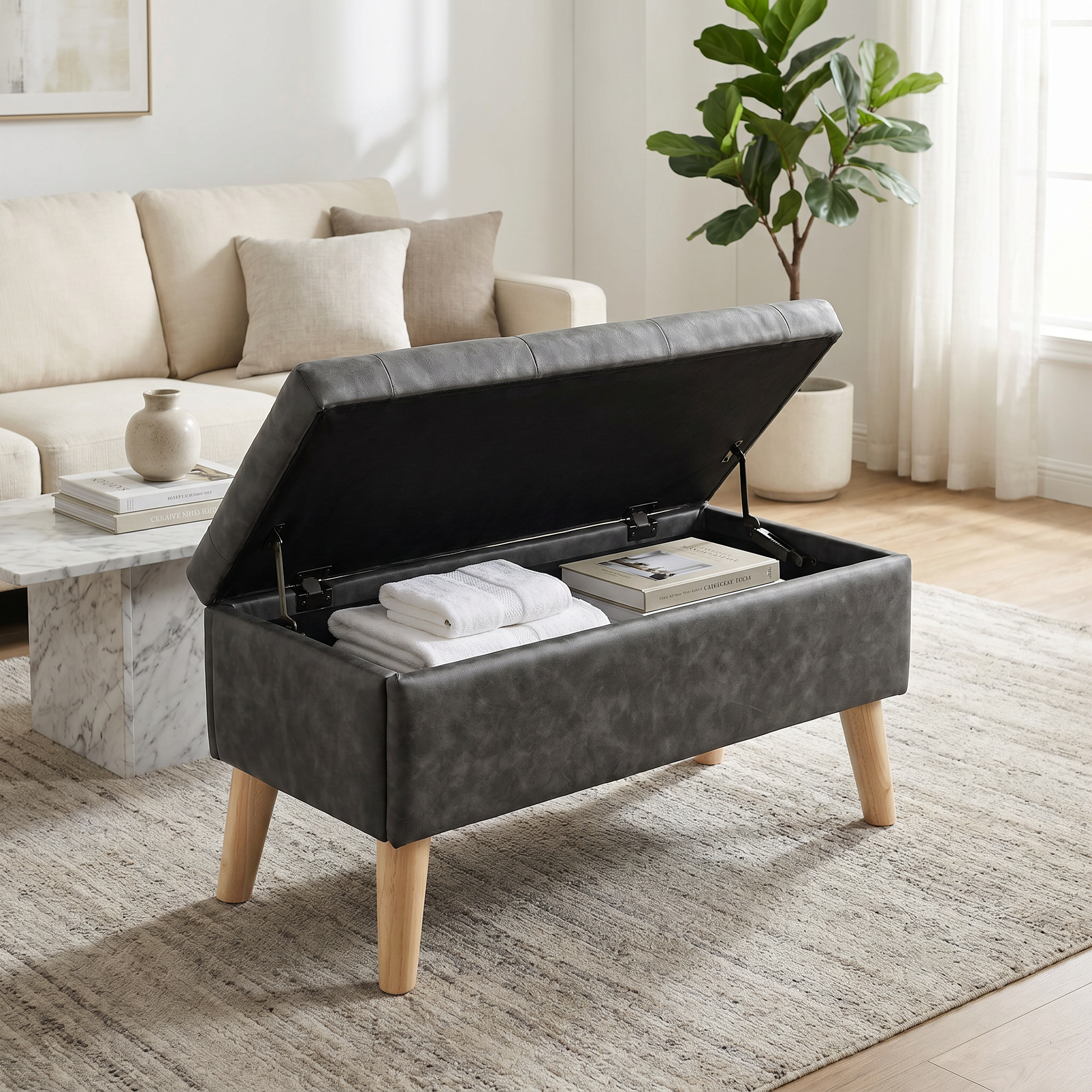 32" Wide Storage Ottoman Bench with Built-in Tray, Square Storage Ottoman for Extra Storage, Upholstered Footrest and End of Bed Bench, Perfect for Living Room, Bedroom, Sitting, Relaxing, Modern Stit image 3