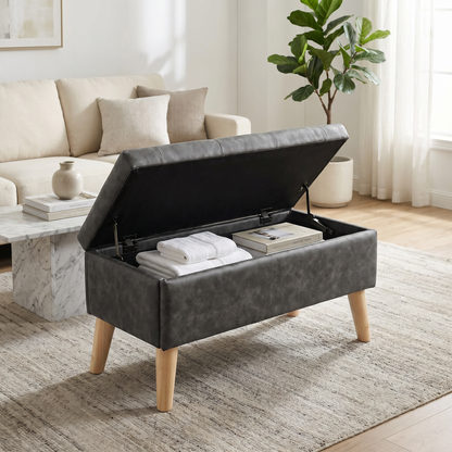32" Wide Storage Ottoman Bench with Built-in Tray, Square Storage Ottoman for Extra Storage, Upholstered Footrest and End of Bed Bench, Perfect for Living Room, Bedroom, Sitting, Relaxing, Modern Stit image 3