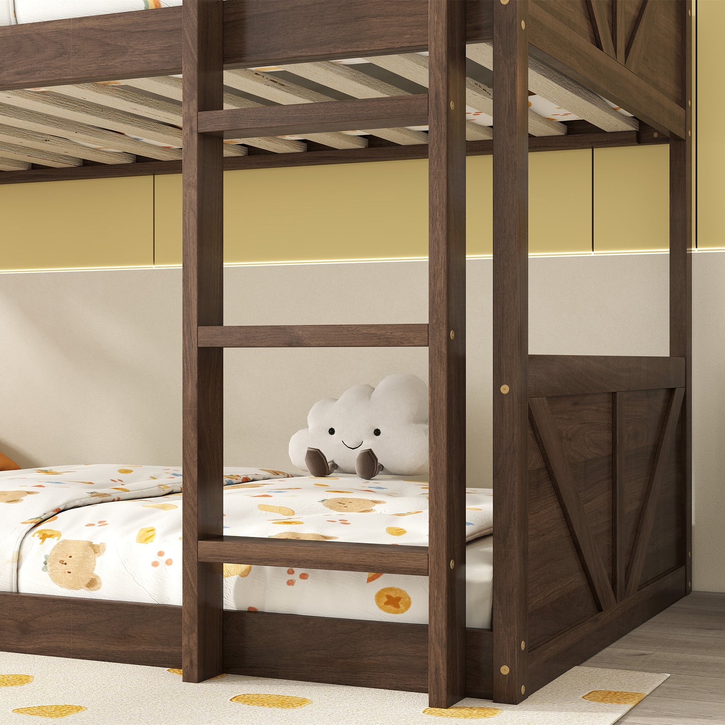 Twin over Twin Floor Bunk Bed with Panelled Headboard and Footboard, Solid Rubber Wood Foundation with Safety Guardrails, Built-in ladder,Antique Oak(Old Sku W504P263818) image 11
