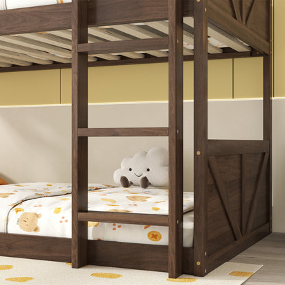 Twin over Twin Floor Bunk Bed with Panelled Headboard and Footboard, Solid Rubber Wood Foundation with Safety Guardrails, Built-in ladder,Antique Oak(Old Sku W504P263818) image 11