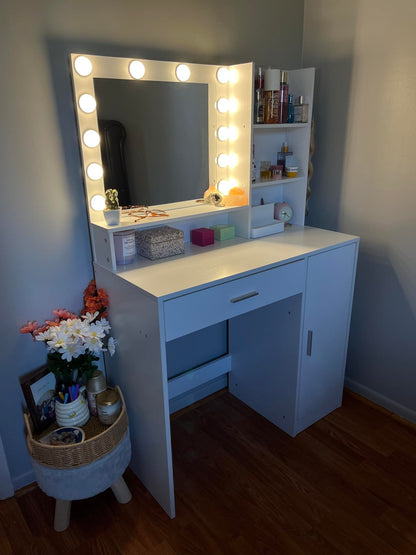Vanity Desk with Mirror & Light, Large Drawer Three Level Storage Dresser, 3 Lighting Modes Adjustable Brightness, Bedroom Dressing Table(Pink) image 2