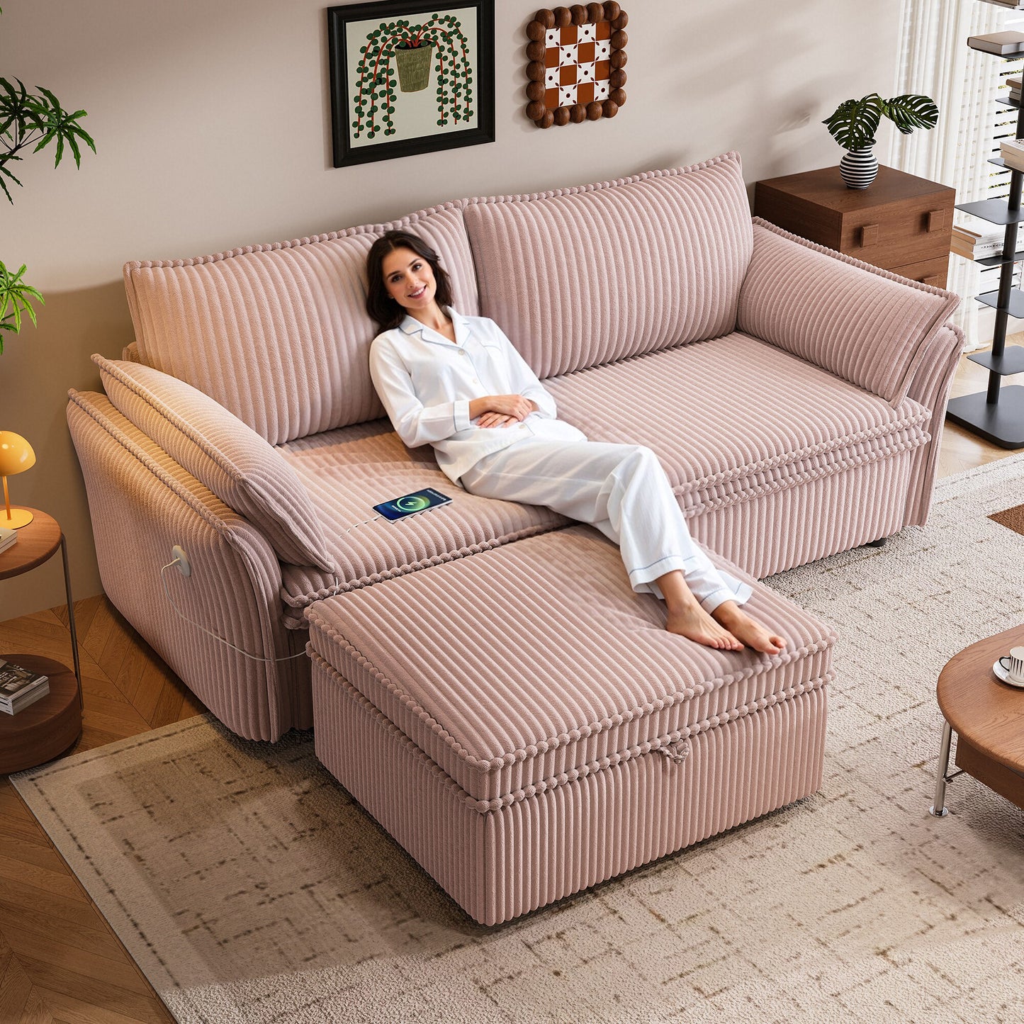 This is a multi-functional sofa with a 85-inch convertible sofa bed. It is in a two-in-one design, suitable for both sitting and lying. It is made of plush fabric and is suitable for both living rooms image 4