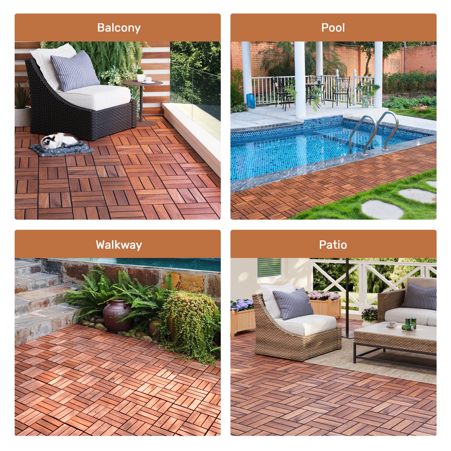 Acacia Wood Interlocking Deck Tiles Checker Pattern, 20 PCS 12" x 12" Square Acacia Hardwood Outdoor Flooring for Patio, Bancony, Pool Side,.. image 11