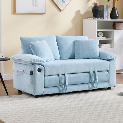 58 inch 3-in-1 Upholstered Futon Sofa Convertible Floor Sofa bed,Foldable Tufted Loveseat with Pull Out Sleeper Couch Bed,Folding Mattres Love Seat Daybed W/Side Pockets for Living Room Blue image 4