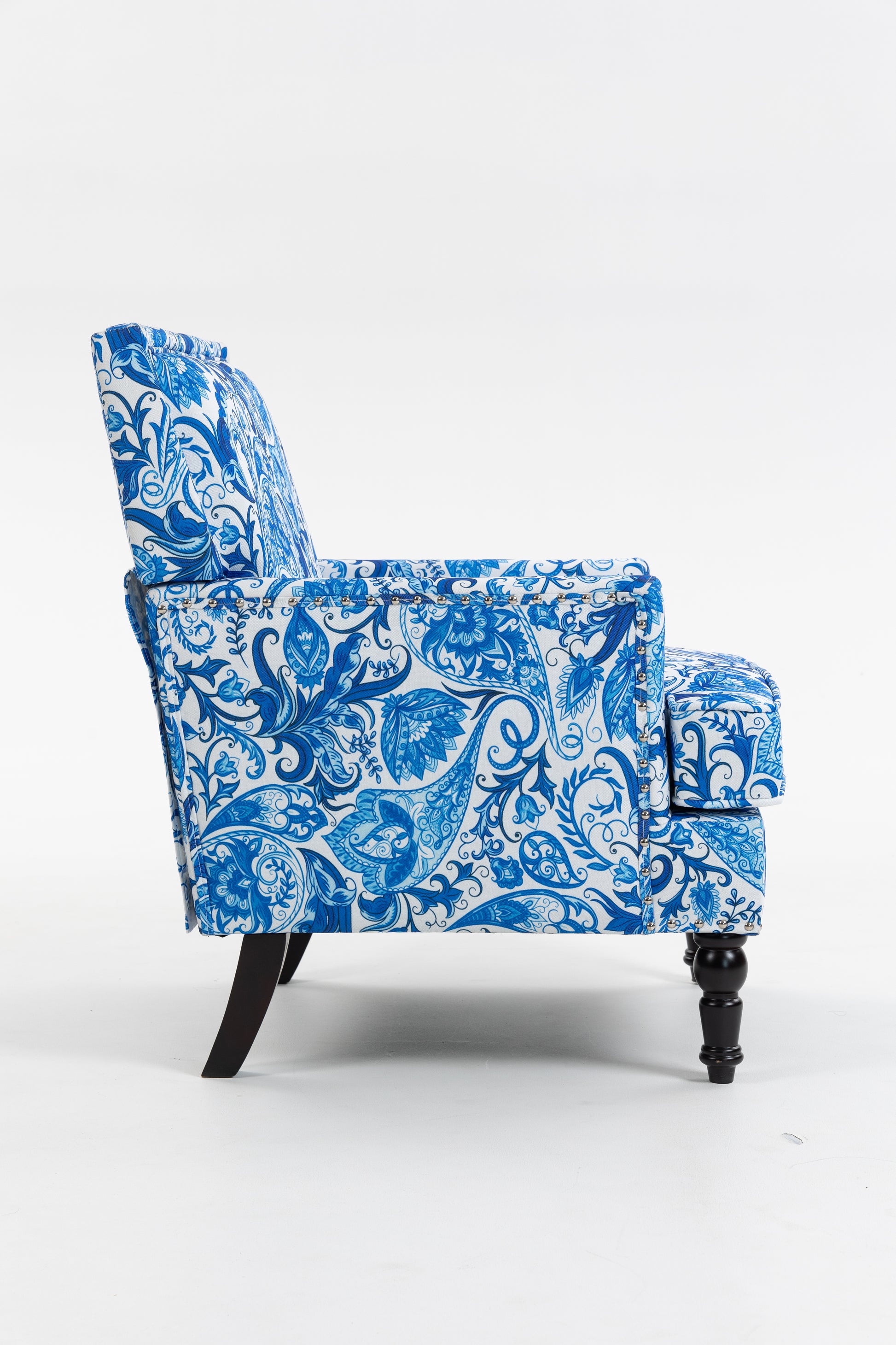 Upholstered Accent Chair, Vintage Armchair with Blue and white porcelain print Linen Fabric and Nailhead Trim for Living Room image 6