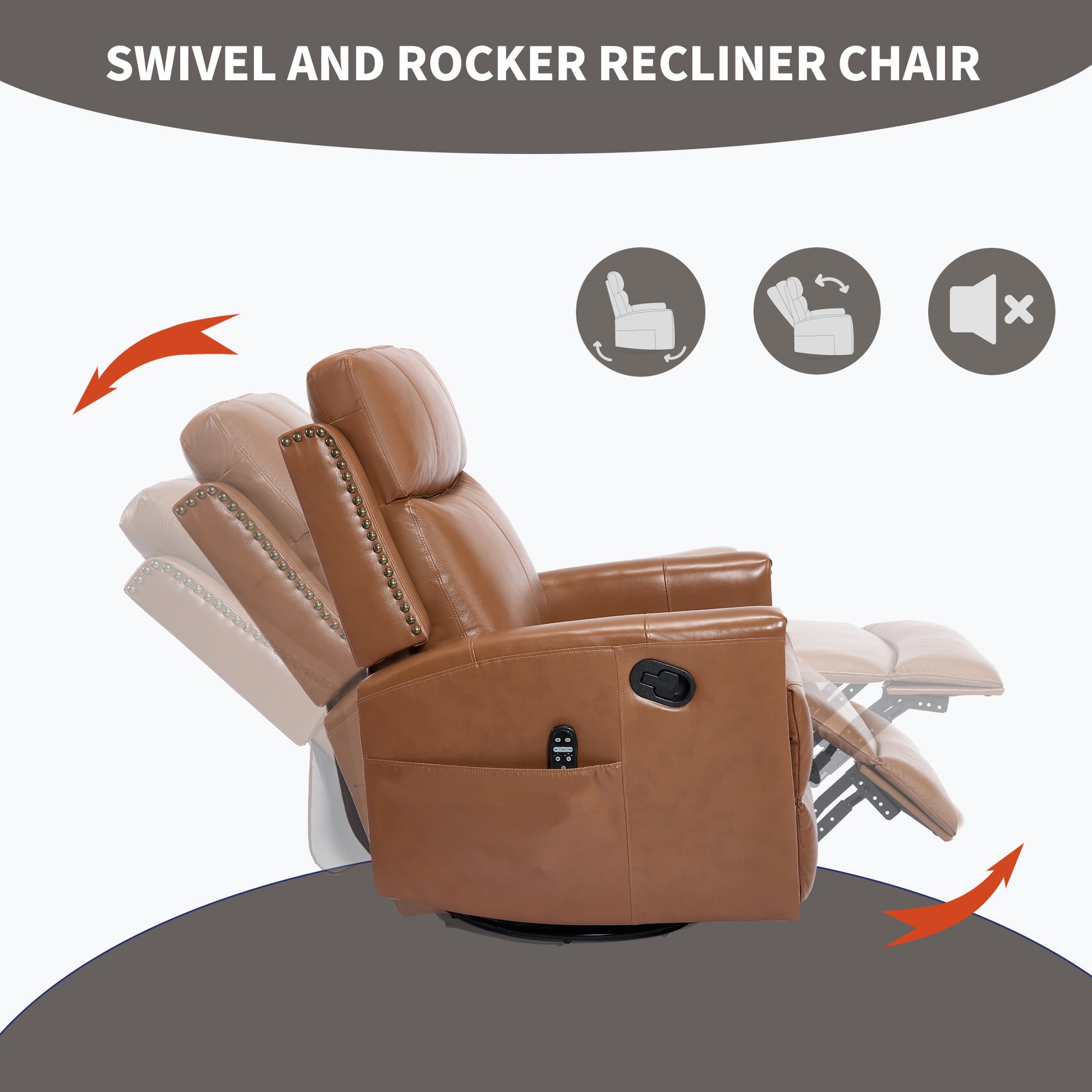 Deep Yellow Genuine Leather Heat Massage Manual Recliner Chair with Rocker and Swivel for Living Room image 6