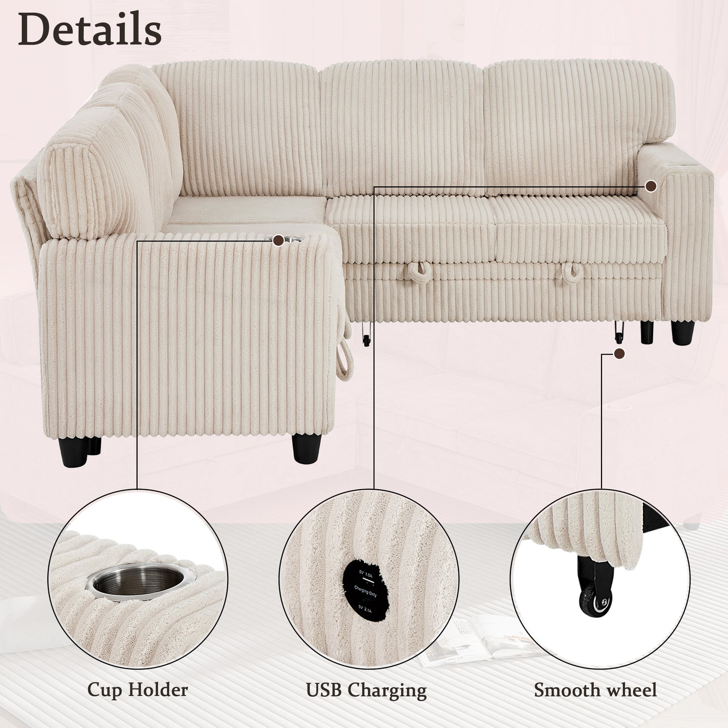 L-Shaped Sectional Sofa Bed with Pull-Out Bed & Storage, 5-Seat Sleeper Couch with USB Charging, Convertible Design for Living Room, Apartment, Corduroy Fabric, Beige image 7