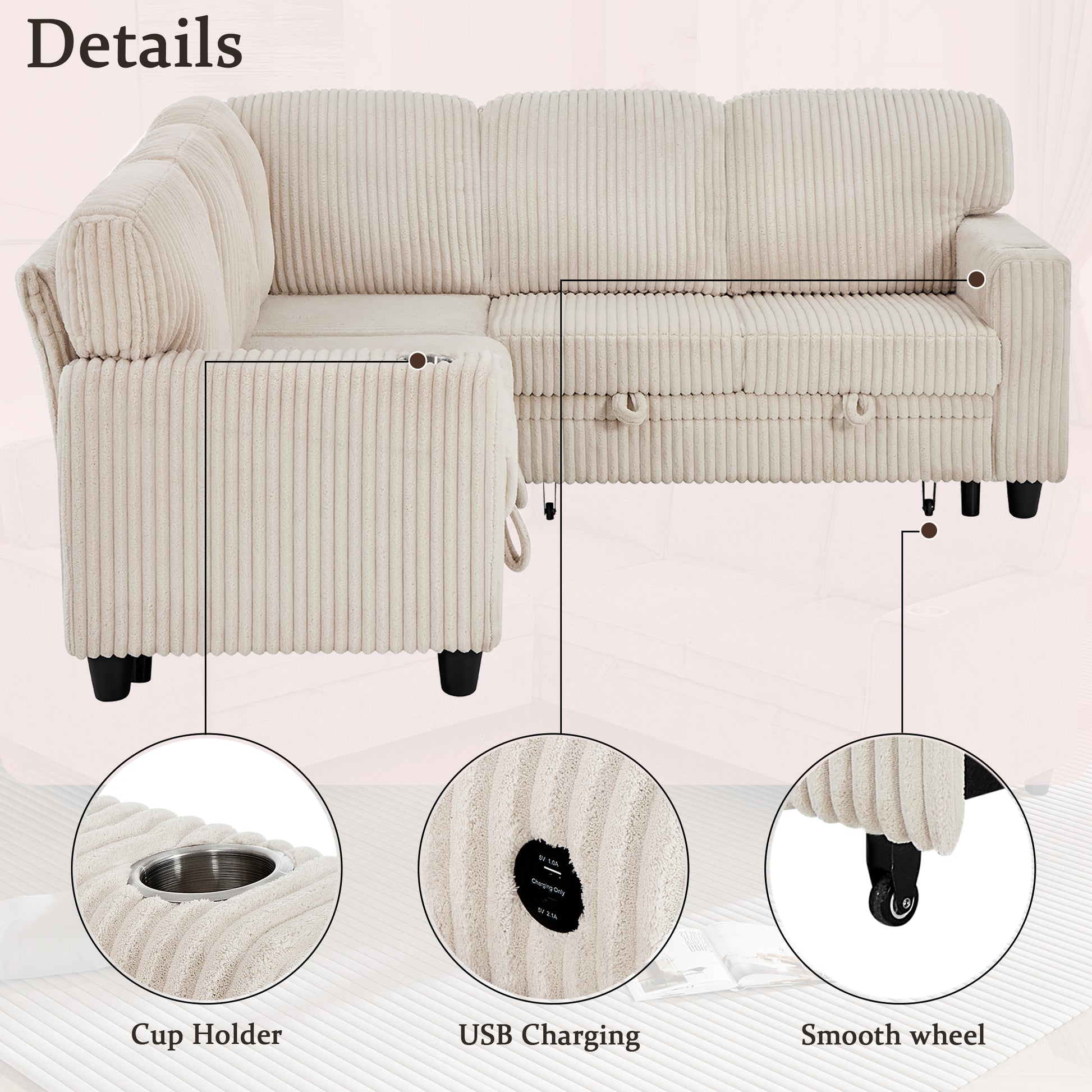 L-Shaped Sectional Sofa Bed with Pull-Out Bed & Storage, 5-Seat Sleeper Couch with USB Charging, Convertible Design for Living Room, Apartment, Corduroy Fabric, Beige image 7