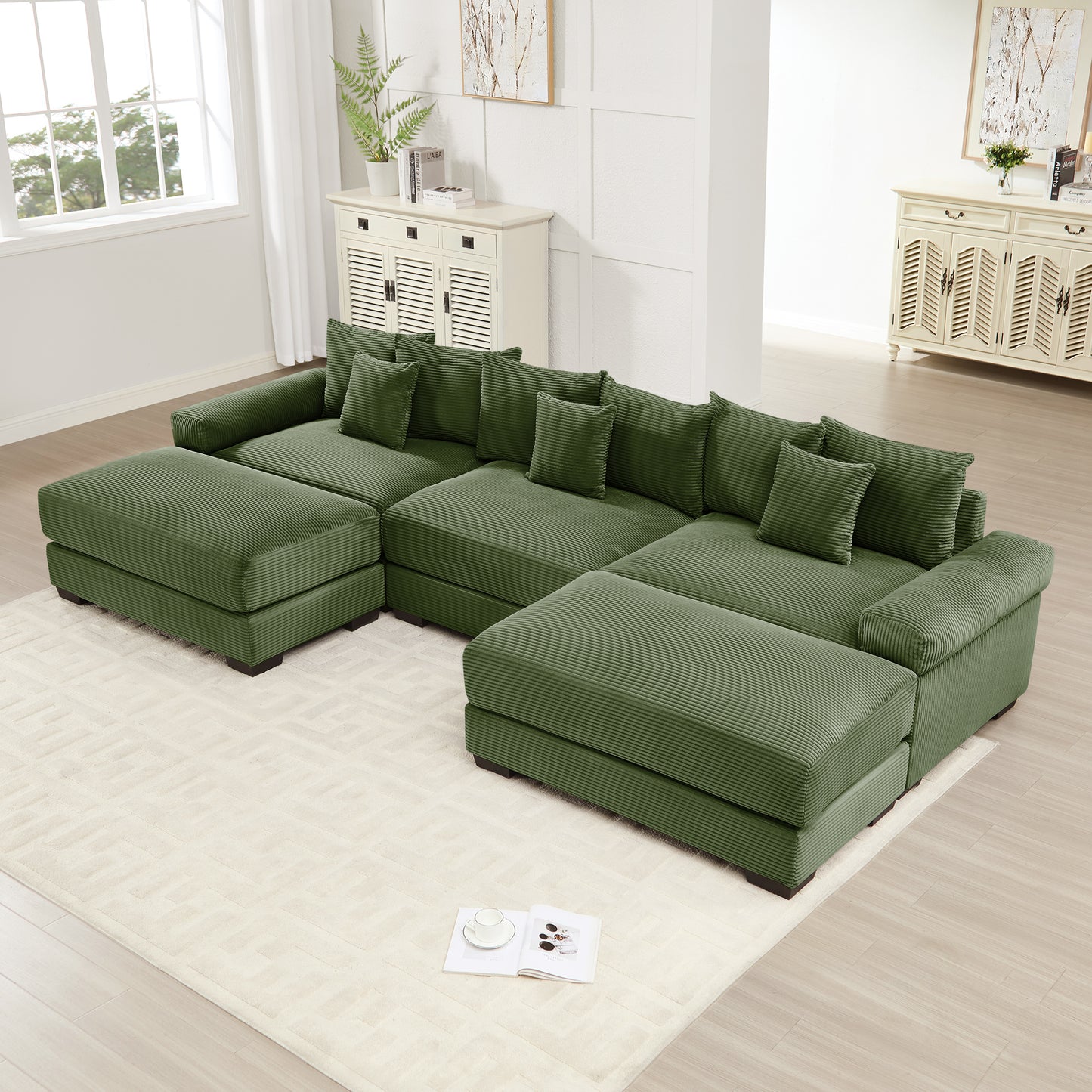 130" Oversized Cloud Modular Sectional Couch,Premium Corduroy Fabric, 3-Seater Deep Seat Wide Armrests, With An Ottoman,Ergonomic Design, Easy Assembly For Lounges Living Room,Green image 1