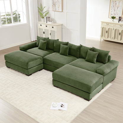 130" Oversized Cloud Modular Sectional Couch,Premium Corduroy Fabric, 3-Seater Deep Seat Wide Armrests, With An Ottoman,Ergonomic Design, Easy Assembly For Lounges Living Room,Green image 1