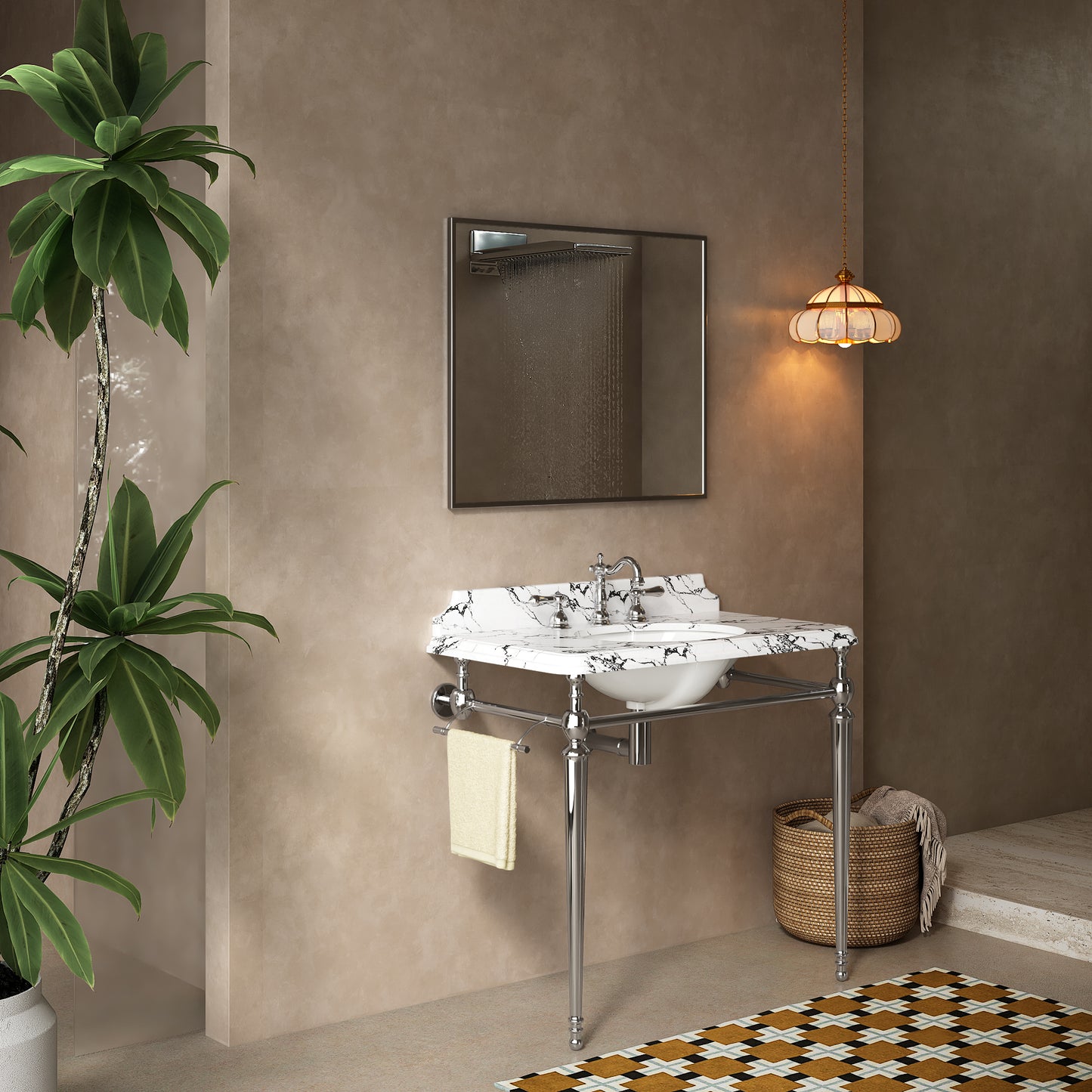 VICI 36" Bathroom Console Sink, Undermount Ceramic Vanity Basin&Panda White Artificial Marble Top with 3 Pre-drilled Faucet Holes, Freestanding Stainless Steel Support Legs with Towel Bar,Chrome Color image 2