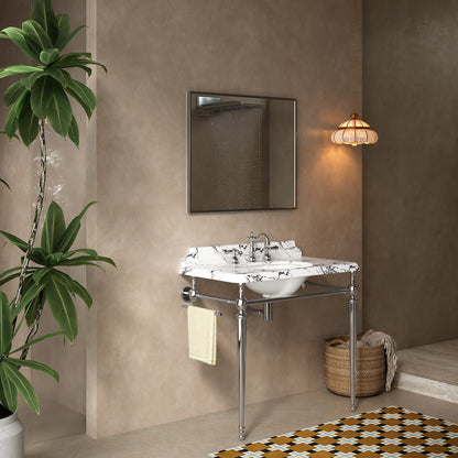 VICI 36" Bathroom Console Sink, Undermount Ceramic Vanity Basin&Panda White Artificial Marble Top with 3 Pre-drilled Faucet Holes, Freestanding Stainless Steel Support Legs with Towel Bar,Chrome Color image 2