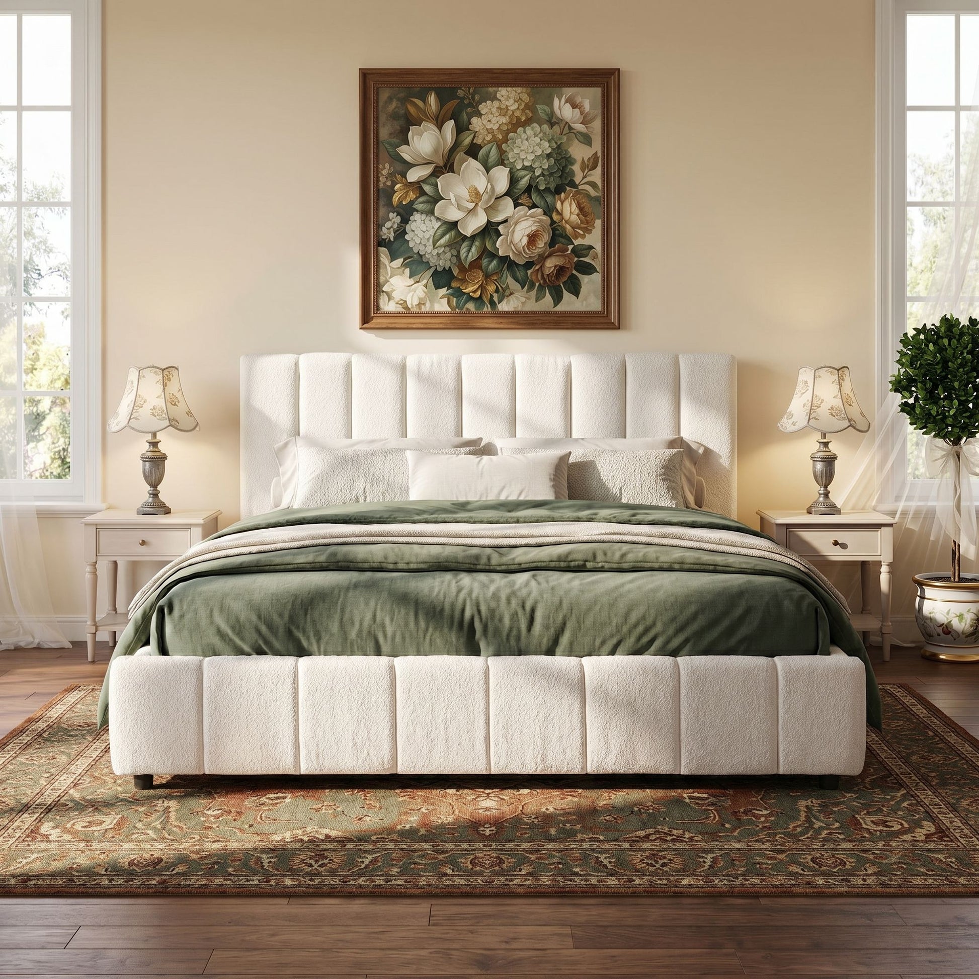 King Size Upholstered Bed Frame With Boucle Fabric And Thick Headboard, Off white image 2