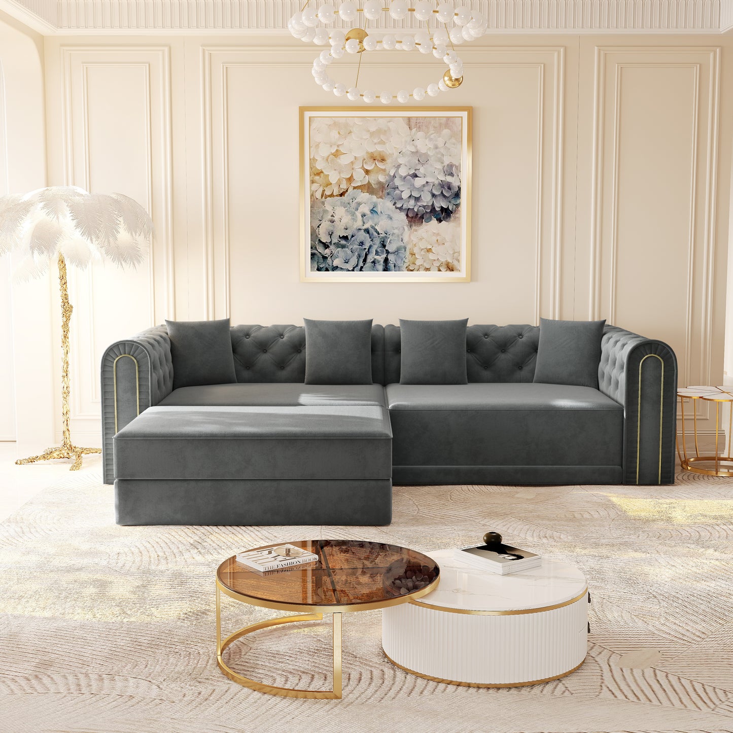 90.6" 3-in-1 Convertible Sleeper Sofa,Elegant Modern Couch with Button Tufted and Gold Edge Trim,3-Seater Couch with Movable Ottoman for Living Room,Apartment,Office,Bedroom,Dark Grey image 4