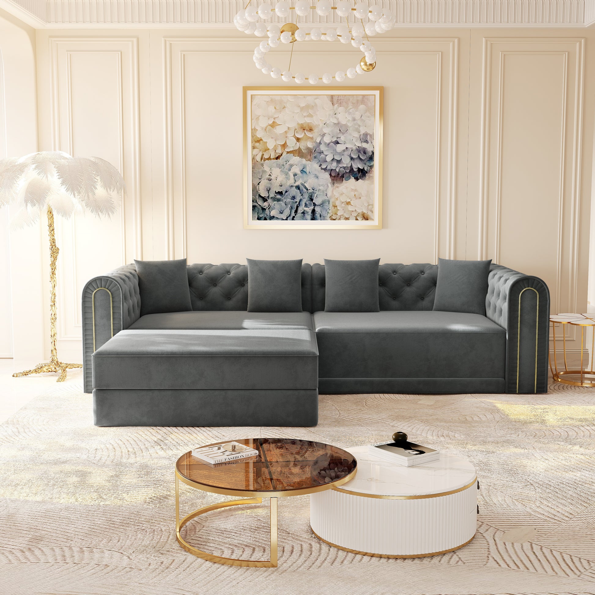 90.6" 3-in-1 Convertible Sleeper Sofa,Elegant Modern Couch with Button Tufted and Gold Edge Trim,3-Seater Couch with Movable Ottoman for Living Room,Apartment,Office,Bedroom,Dark Grey image 4