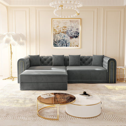 90.6" 3-in-1 Convertible Sleeper Sofa,Elegant Modern Couch with Button Tufted and Gold Edge Trim,3-Seater Couch with Movable Ottoman for Living Room,Apartment,Office,Bedroom,Dark Grey image 4