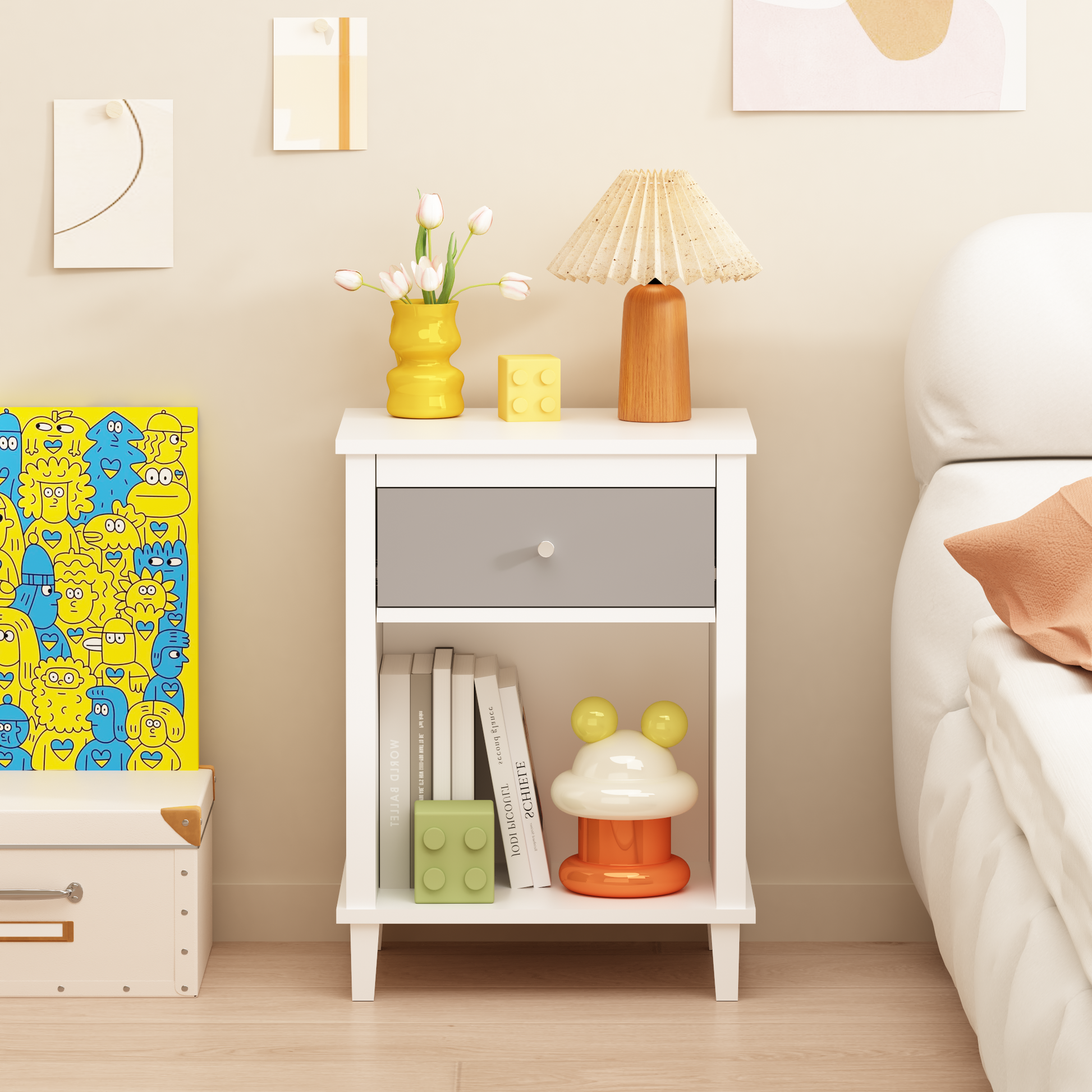 26.77''H Wooden Nightstand with One Drawer One Shelf for Kids, Adults,Gray+Silver handle image 12