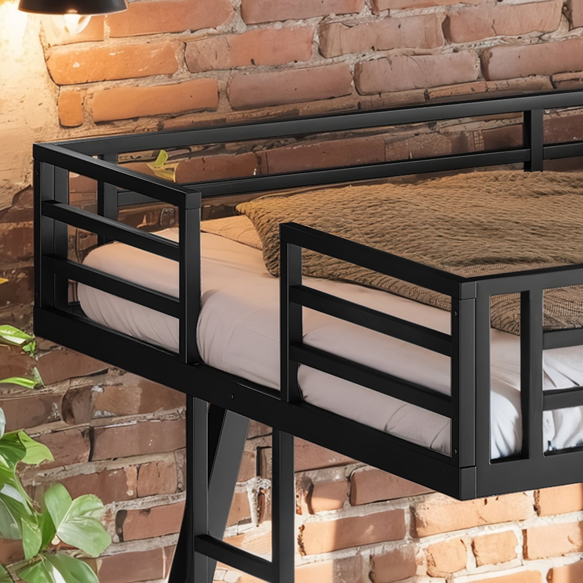 Queen over Queen Bunk Bed with 2 Side Ladders, Metal Bunk Bed with Spdcial Support Leg Design, Low Profile Bunk Bed, Black image 5