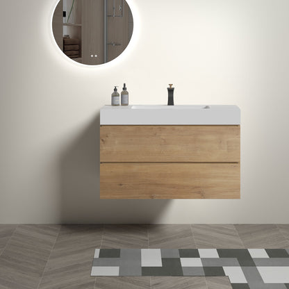 Alice 36" Oak Bathroom Vanity with Black Sink, Large Storage Wall Mounted Floating Bathroom Vanity for Modern Bathroom, One-Piece White Sink Basin without Drain, Pre-assembled image 1