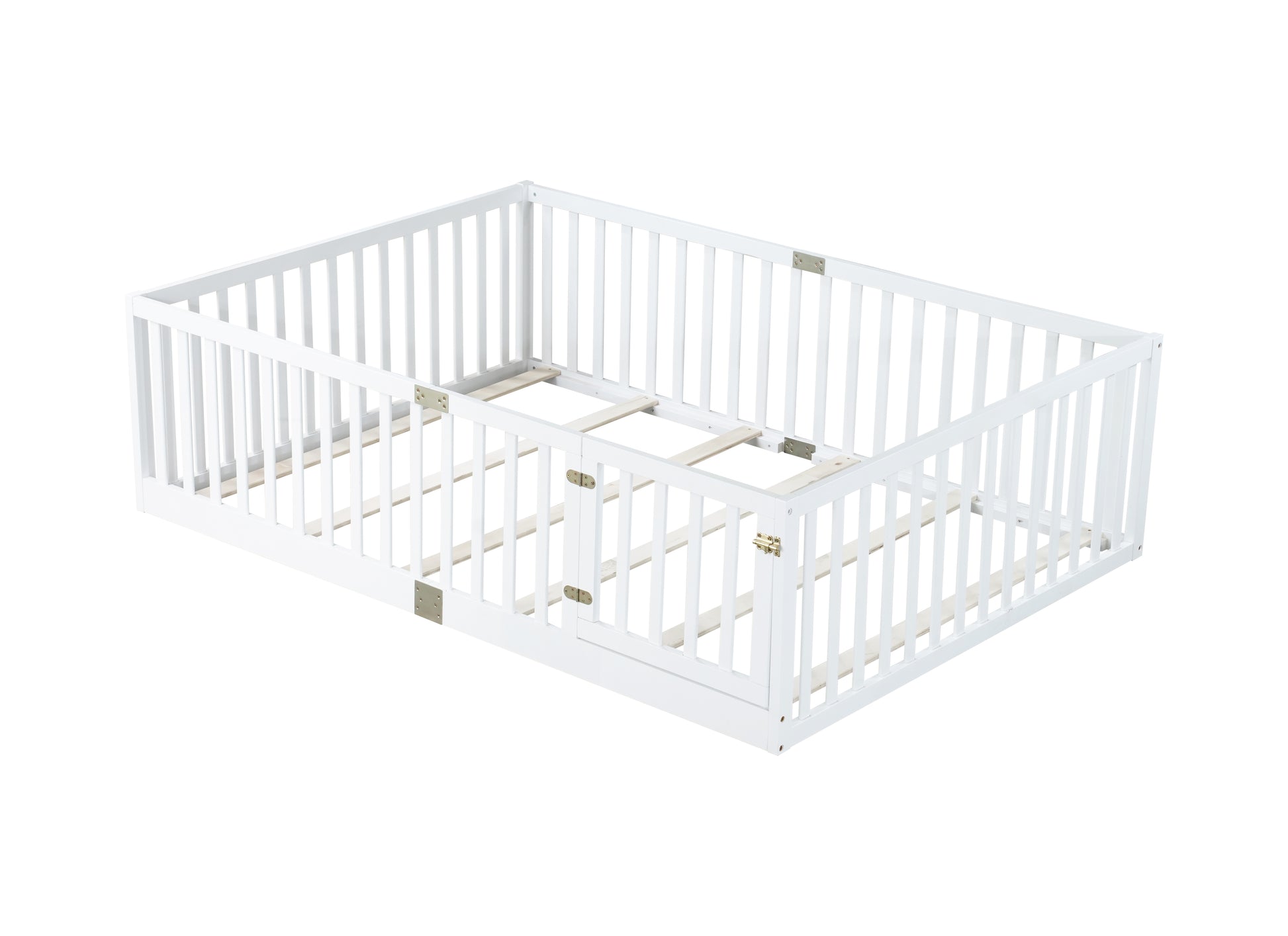 Full Size Floor Bed with High Fence Railings, with Door,6 Slats Included, Rubber Wood Floor Bed with Safety Guardrails,White image 10