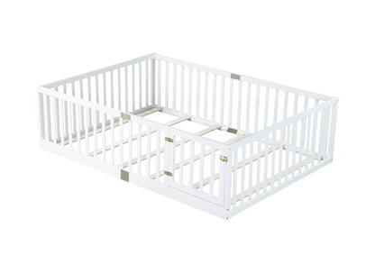 Full Size Floor Bed with High Fence Railings, with Door,6 Slats Included, Rubber Wood Floor Bed with Safety Guardrails,White image 10