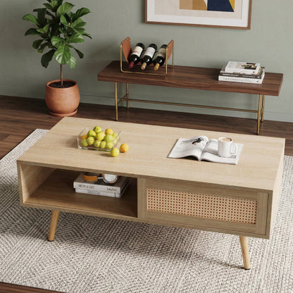 41.34" Rattan Coffee table, sliding door for storage, solid wood legs, Modern table for living room, natural image 3