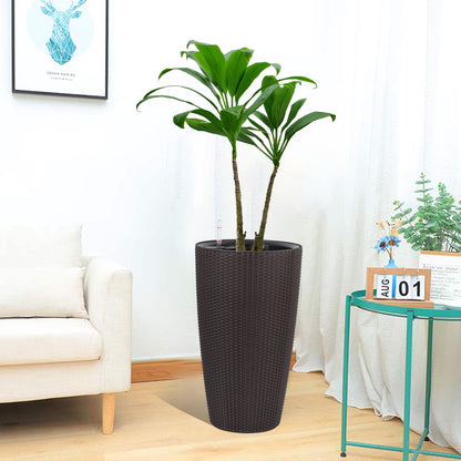 Set of 2 Faux Rattan Tall Planters Outdoor Indoor Large Planters with Water Level Monitor Inner Bucket, Automatic Watering, Flower Plant Pots for Garden, Patio, Porch, Backyard (Brown, 22 inch) image 9