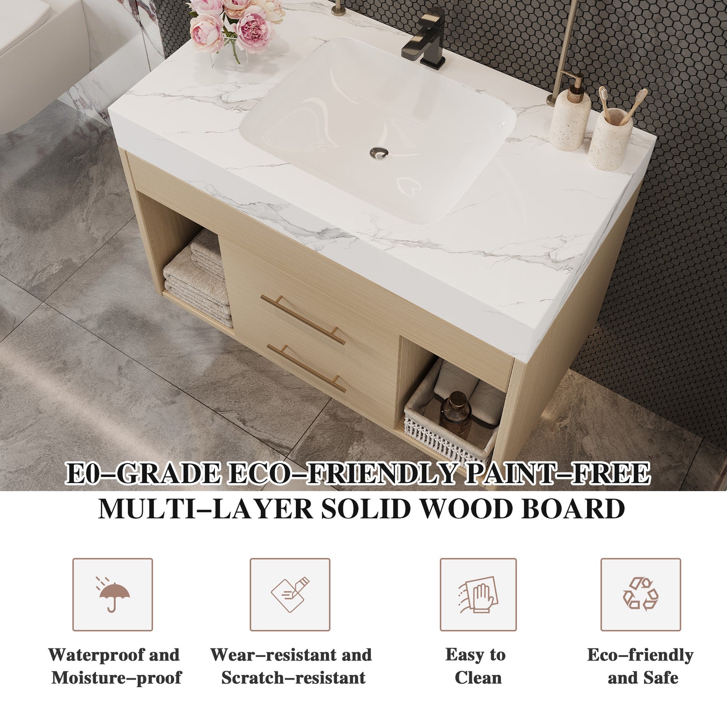 29.9" Modern Floating Bathroom Vanity with Sintered Stone Top Ceramic Undermount Sink Wall-Mounted for Small Bathrooms, Apartment image 12