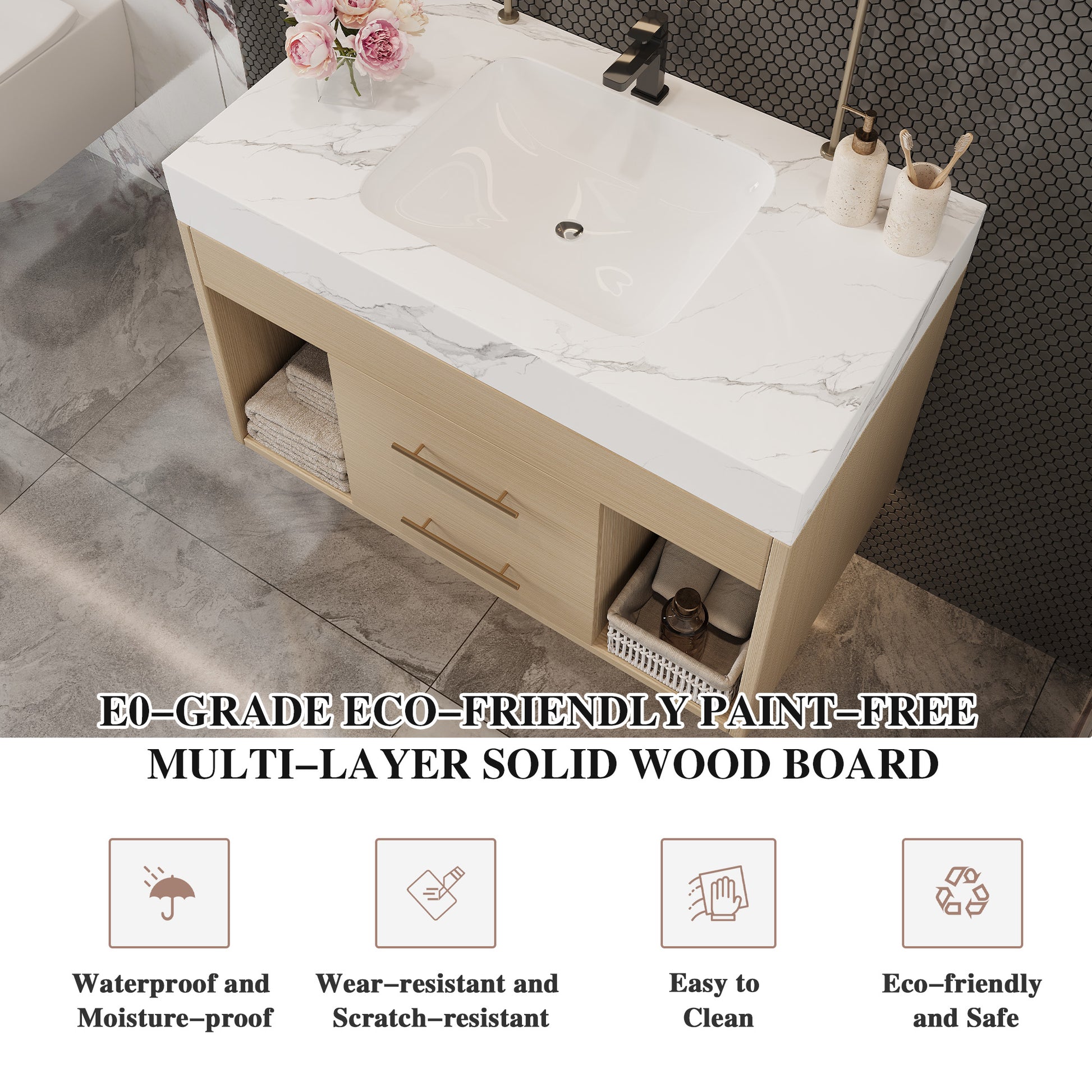 29.9" Modern Floating Bathroom Vanity with Sintered Stone Top Ceramic Undermount Sink Wall-Mounted for Small Bathrooms, Apartment image 12
