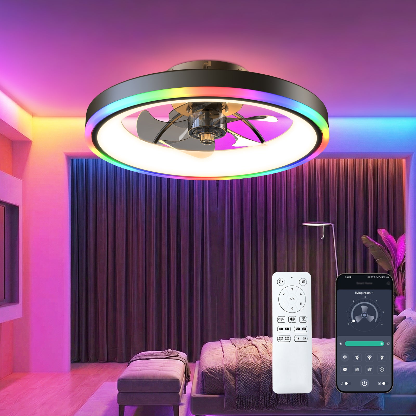 19.7" Modern RGB Ceiling Fan with Lights, Flush Mount Low Profile Fan with Remote & APP, 6-Speed Reversible Silent DC Motor, Dimmable 3000-6500K LED for Bedroom, Black image 1
