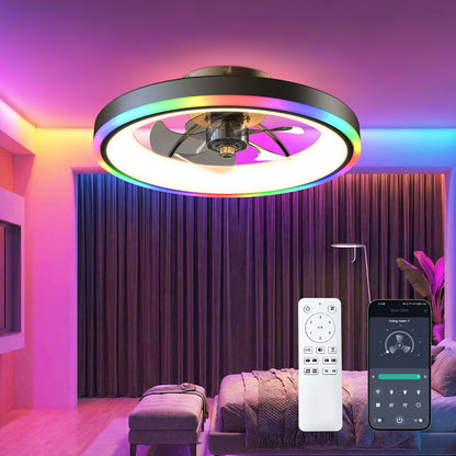 19.7" Modern RGB Ceiling Fan with Lights, Flush Mount Low Profile Fan with Remote & APP, 6-Speed Reversible Silent DC Motor, Dimmable 3000-6500K LED for Bedroom, Black image 1